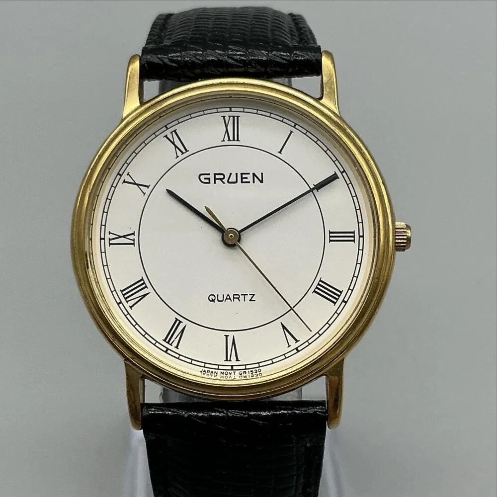 Gruen Mens Watch 32mm White Roman Dial Black Leather 243-GR1530 New Battery